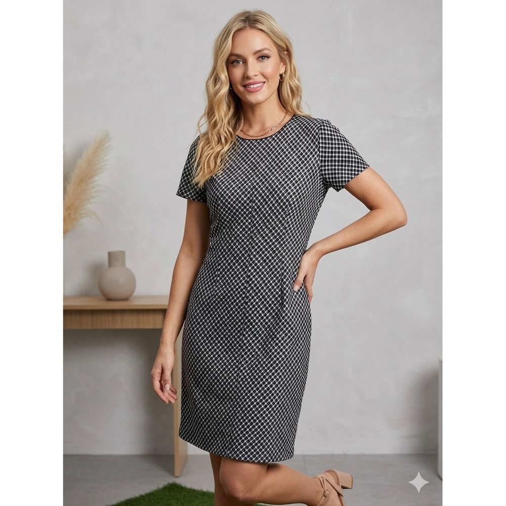Spanx The Perfect A-Line Dress Black White Plaid Short Sleeve Shift Large